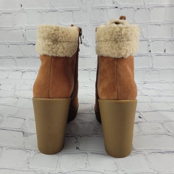 NEW Jessica Simpson Maelyn Wedge Bootie Brown Caramel Combo Leather Suede Sherpa - Picture 6 of 11